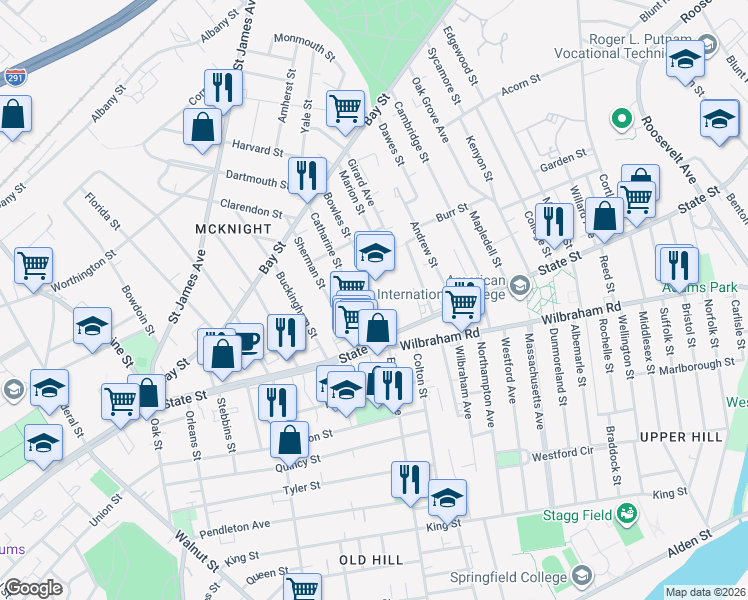 map of restaurants, bars, coffee shops, grocery stores, and more near 15 Catharine Street in Springfield