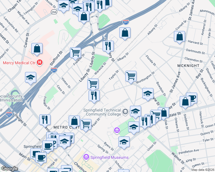 map of restaurants, bars, coffee shops, grocery stores, and more near 409 Taylor Street in Springfield