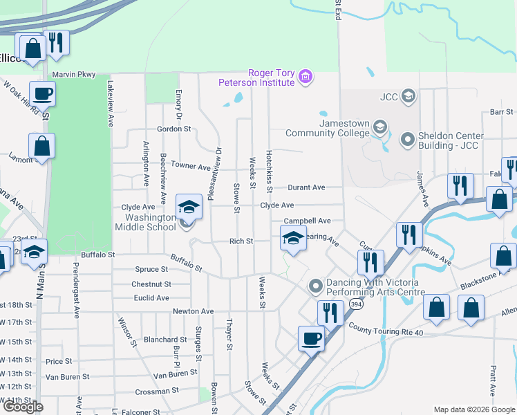 map of restaurants, bars, coffee shops, grocery stores, and more near 75 Hotchkiss Street in Jamestown