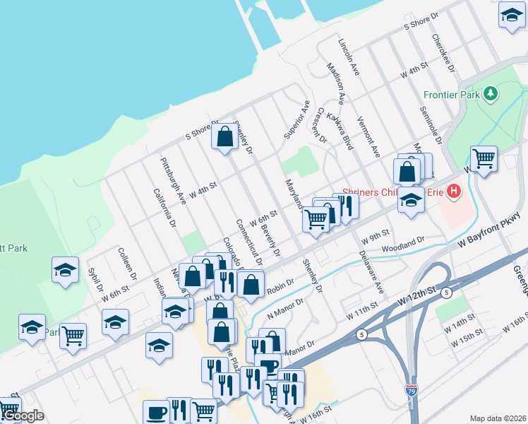 map of restaurants, bars, coffee shops, grocery stores, and more near 498-598 Beverly Drive in Erie