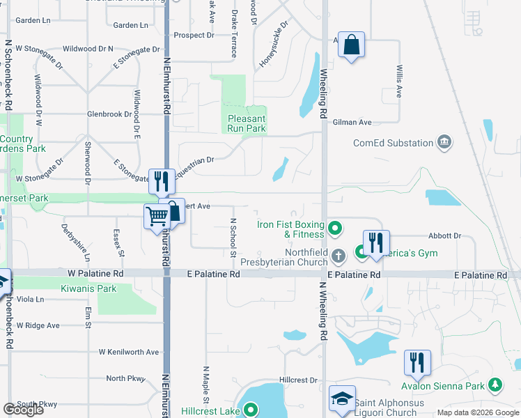 map of restaurants, bars, coffee shops, grocery stores, and more near 1430 Sandstone Drive in Wheeling