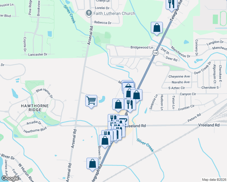 map of restaurants, bars, coffee shops, grocery stores, and more near 26608 Emma Avenue in Flat Rock