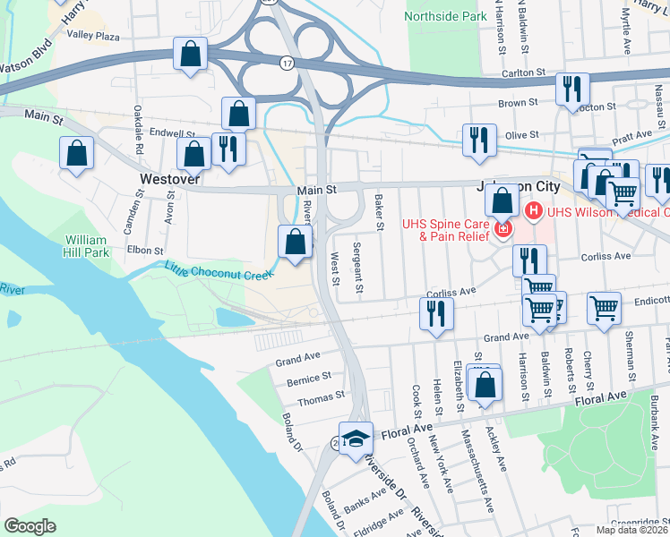 map of restaurants, bars, coffee shops, grocery stores, and more near 98 West Street in Johnson City