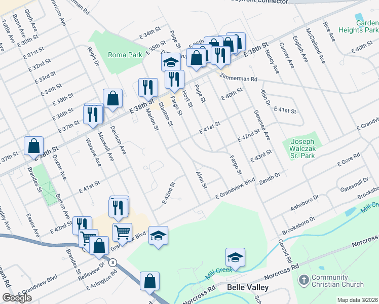 map of restaurants, bars, coffee shops, grocery stores, and more near 4127 Stanton Street in Erie