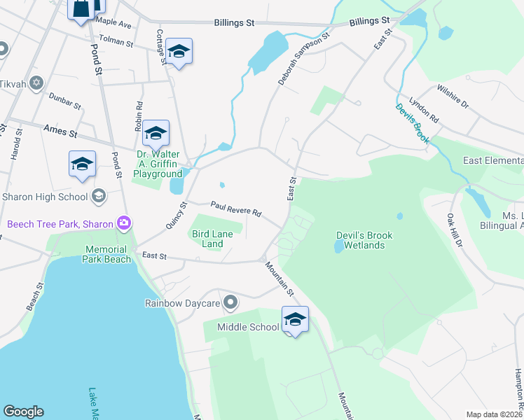 map of restaurants, bars, coffee shops, grocery stores, and more near 22 Paul Revere Road in Sharon