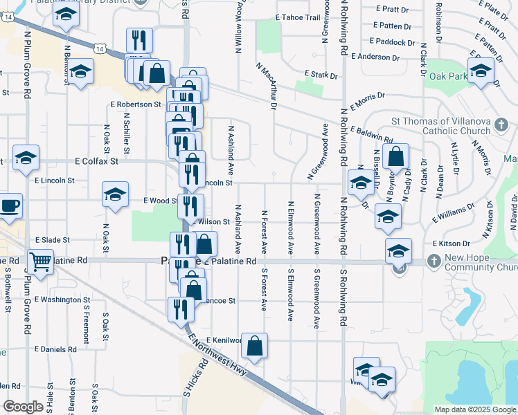 map of restaurants, bars, coffee shops, grocery stores, and more near 120 North Forest Avenue in Palatine