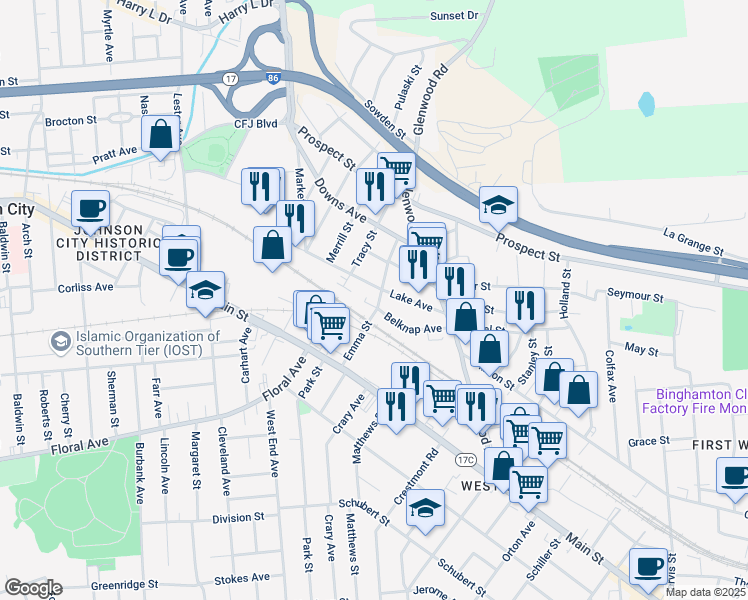 map of restaurants, bars, coffee shops, grocery stores, and more near in Binghamton