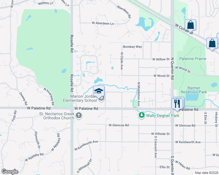 map of restaurants, bars, coffee shops, grocery stores, and more near 1170 West Wilson Street in Palatine