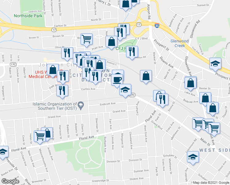 map of restaurants, bars, coffee shops, grocery stores, and more near 17 Park Street in Johnson City