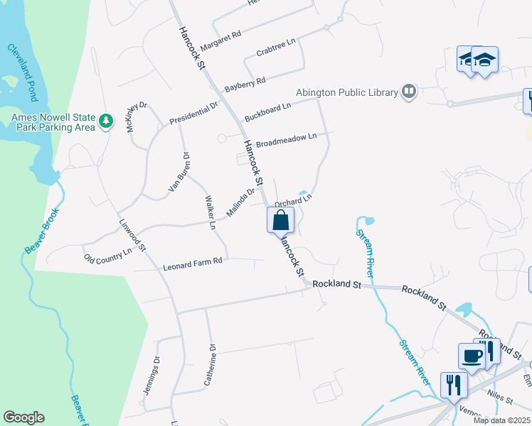 map of restaurants, bars, coffee shops, grocery stores, and more near 134 Hancock Street in Abington