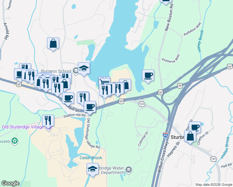 map of restaurants, bars, coffee shops, grocery stores, and more near 368 Main Street in Sturbridge