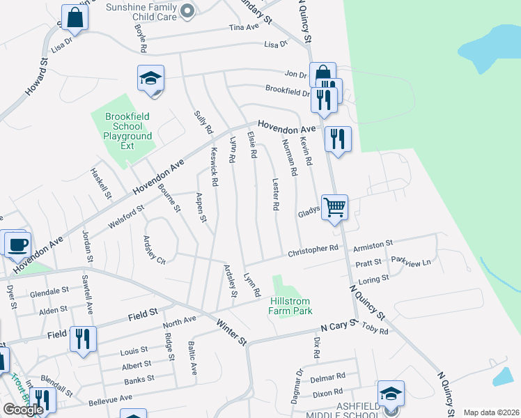 map of restaurants, bars, coffee shops, grocery stores, and more near 60 Elsie Road in Brockton