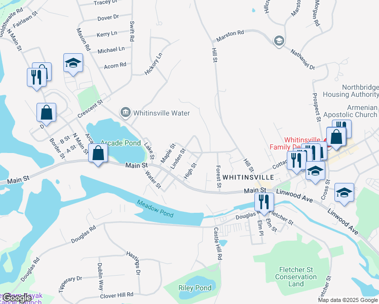 map of restaurants, bars, coffee shops, grocery stores, and more near 7 Chestnut Street in Northbridge