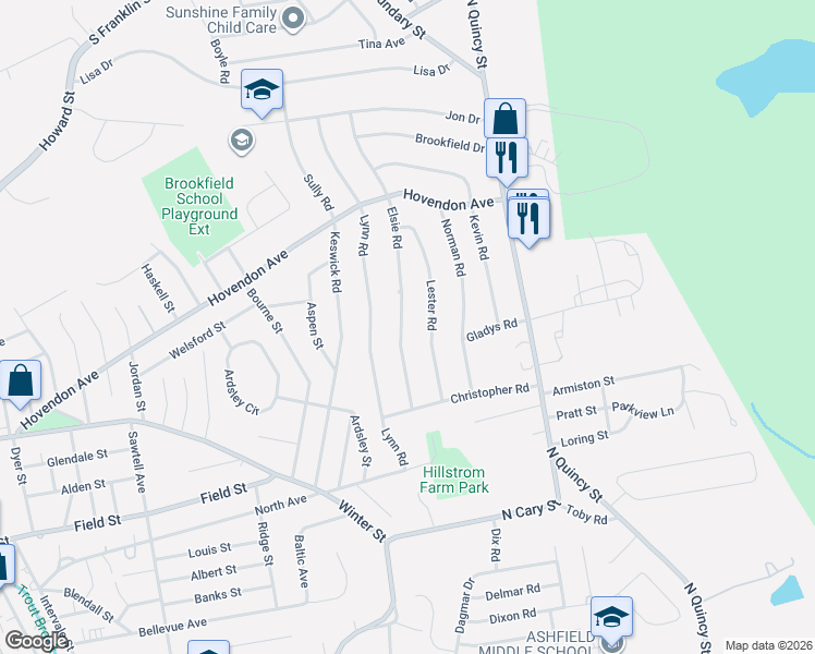 map of restaurants, bars, coffee shops, grocery stores, and more near 60 Elsie Road in Brockton