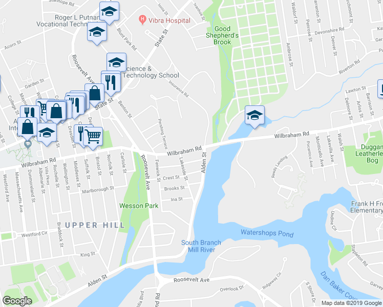 map of restaurants, bars, coffee shops, grocery stores, and more near 34 Elsie Street in Springfield