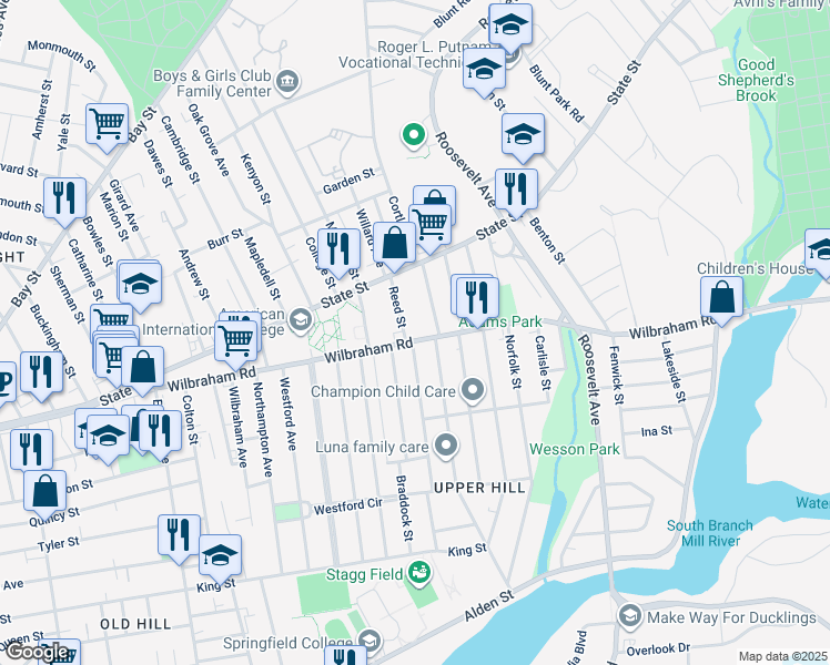 map of restaurants, bars, coffee shops, grocery stores, and more near 289 Wilbraham Road in Springfield