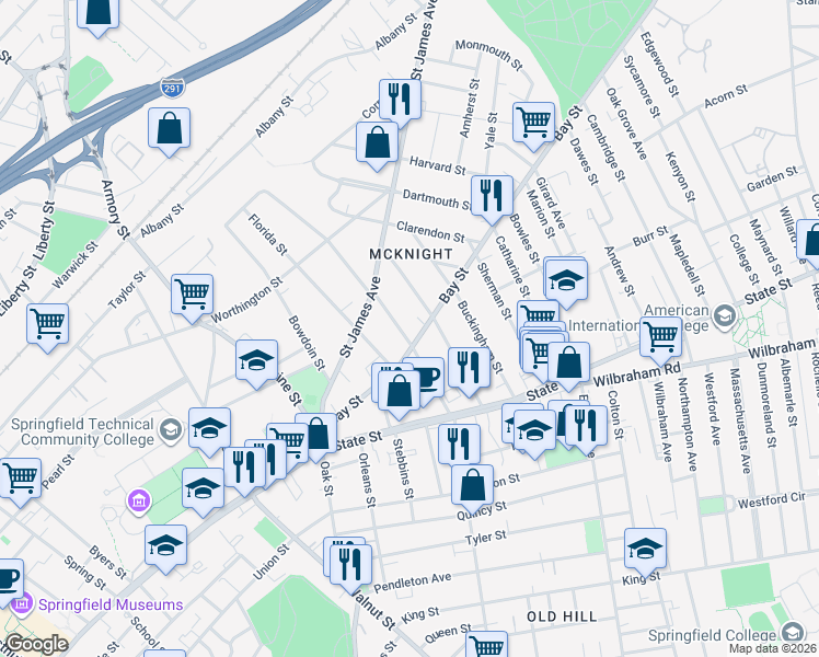 map of restaurants, bars, coffee shops, grocery stores, and more near 94 Thompson Street in Springfield