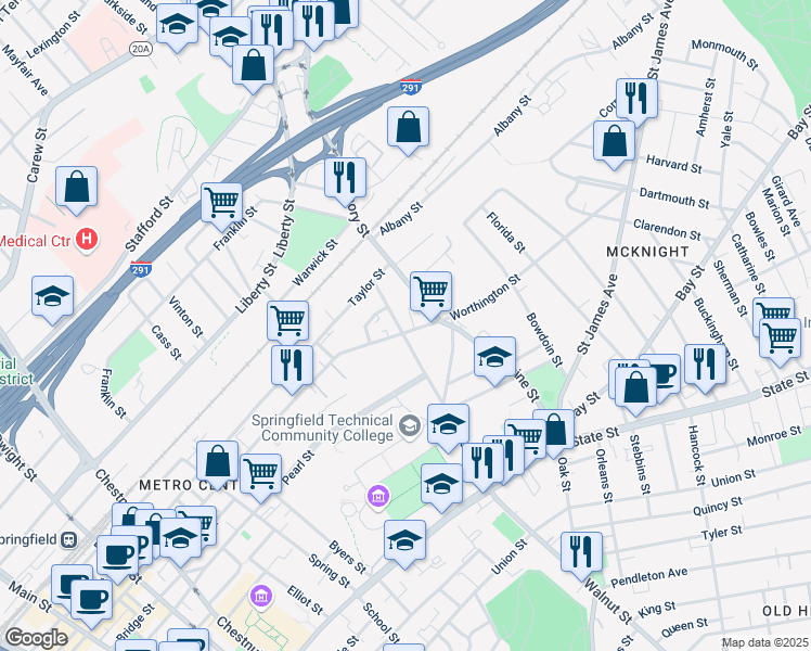 map of restaurants, bars, coffee shops, grocery stores, and more near 68 Federal Street in Springfield