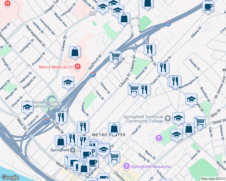 map of restaurants, bars, coffee shops, grocery stores, and more near 326 Liberty Street in Springfield