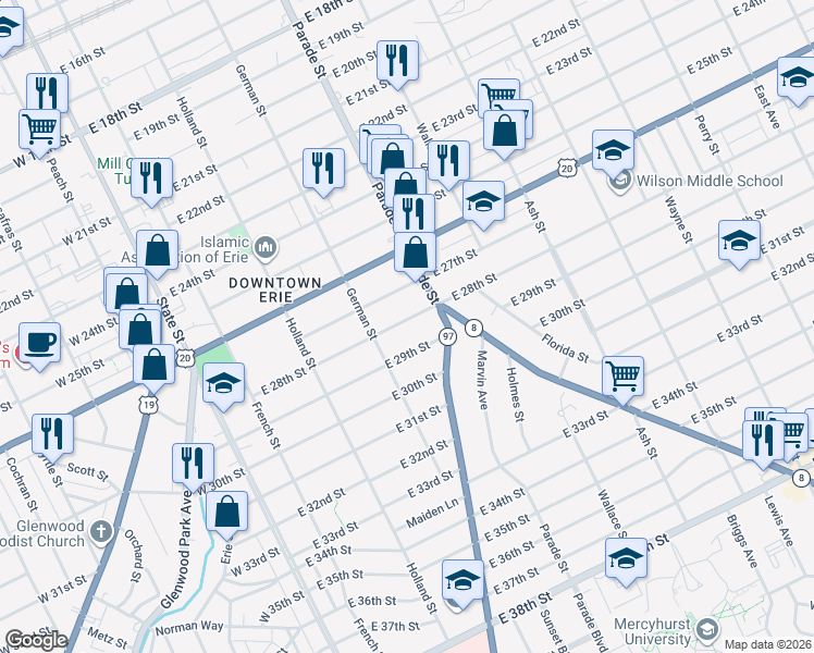 map of restaurants, bars, coffee shops, grocery stores, and more near 311 East 28th Street in Erie