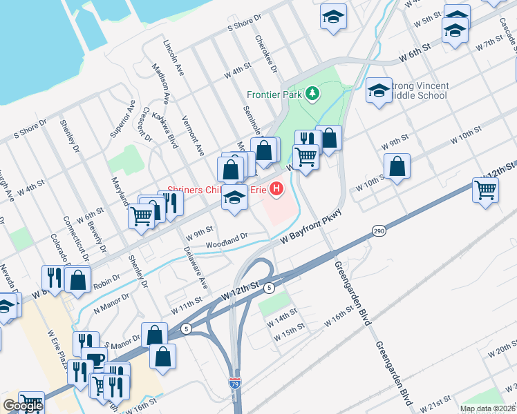 map of restaurants, bars, coffee shops, grocery stores, and more near 913 Lincoln Avenue in Erie