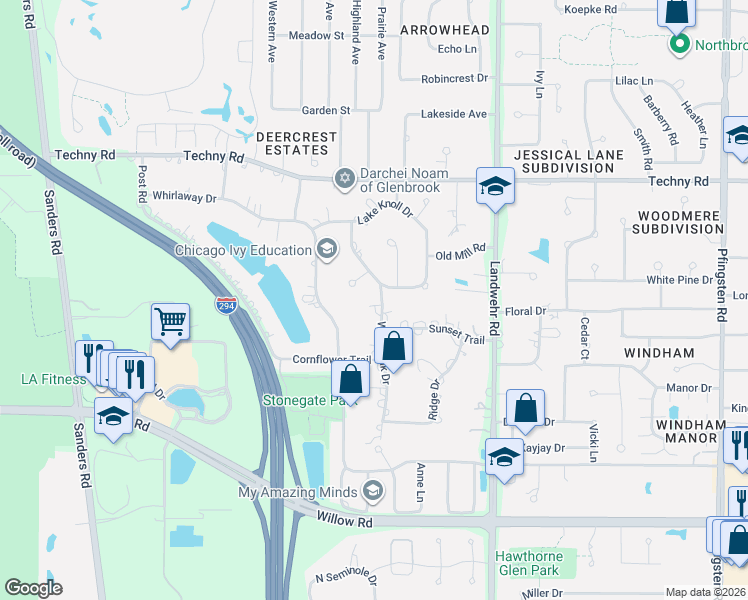 map of restaurants, bars, coffee shops, grocery stores, and more near 2240 White Oak Drive in Northbrook