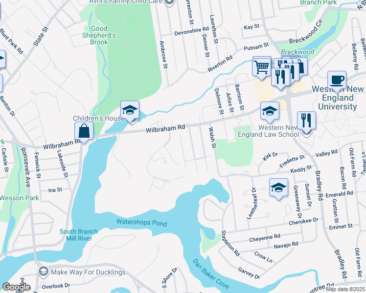 map of restaurants, bars, coffee shops, grocery stores, and more near 45 Pocantico Avenue in Springfield