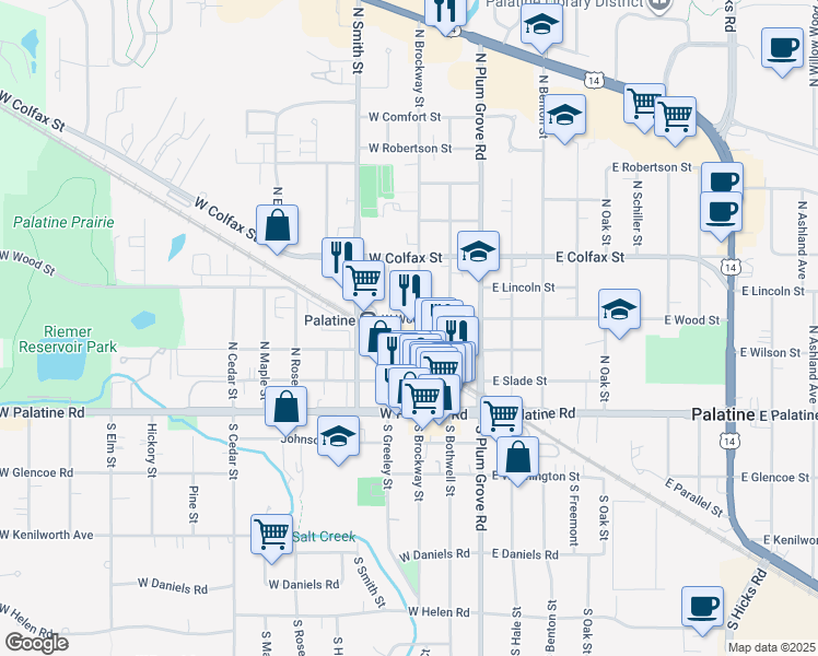 map of restaurants, bars, coffee shops, grocery stores, and more near 117 West Wood Street in Palatine
