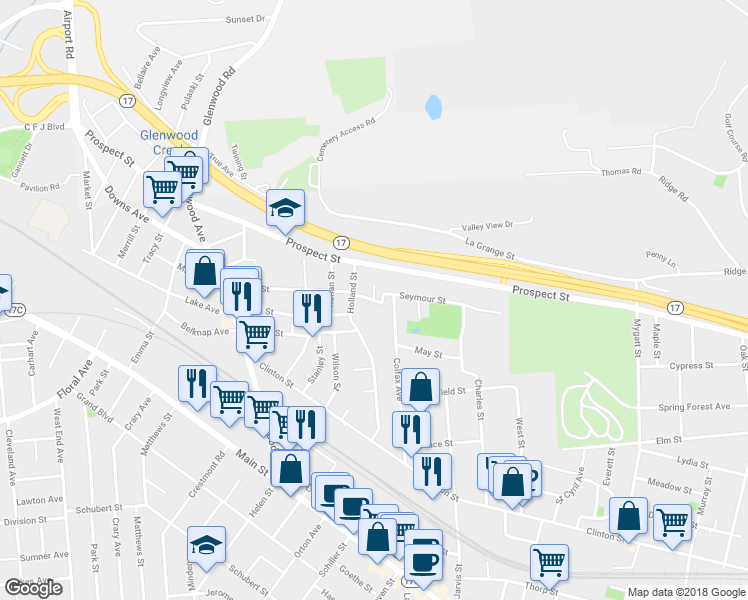 map of restaurants, bars, coffee shops, grocery stores, and more near Jones Street & Herman Avenue in Binghamton