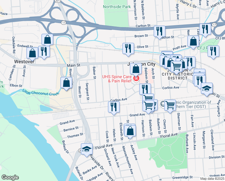 map of restaurants, bars, coffee shops, grocery stores, and more near 87 Albert Street in Johnson City