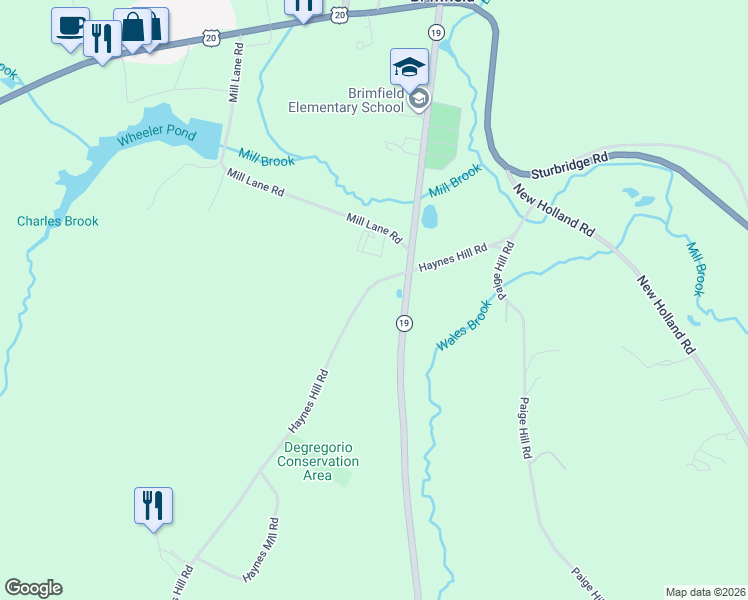 map of restaurants, bars, coffee shops, grocery stores, and more near 63 Haynes Hill Road in Brimfield