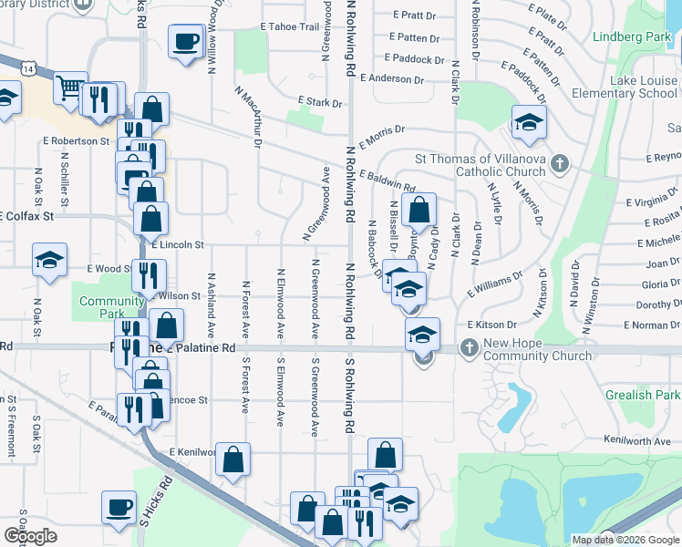 map of restaurants, bars, coffee shops, grocery stores, and more near 114 North Rohlwing Road in Palatine