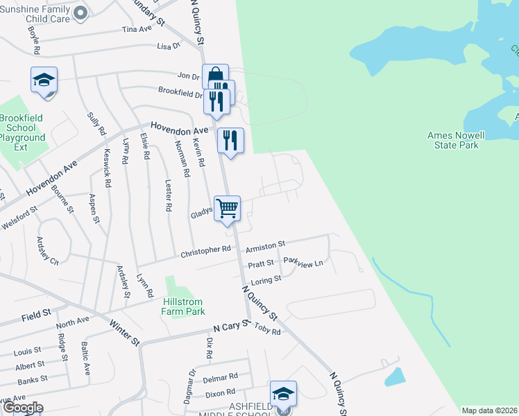 map of restaurants, bars, coffee shops, grocery stores, and more near 117 Hampton Way in Abington