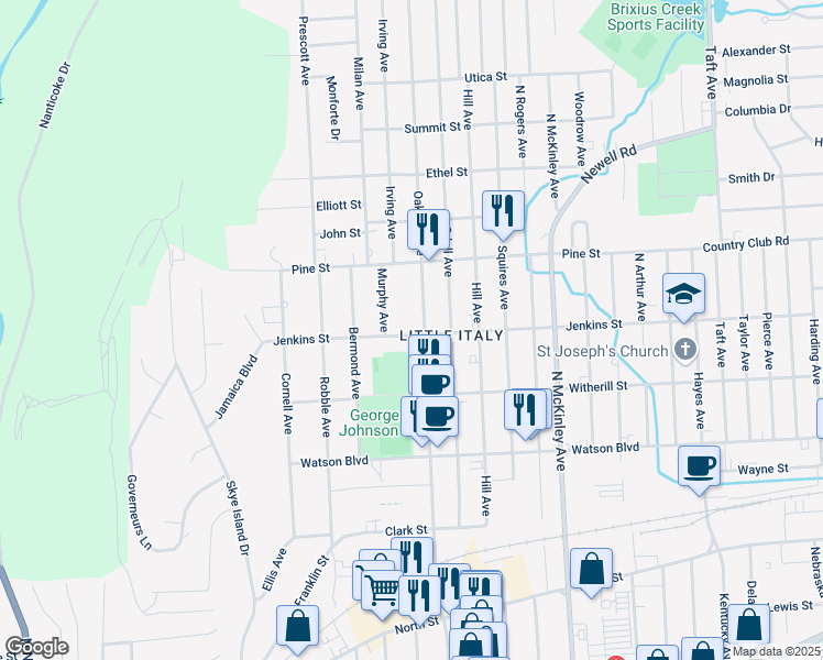 map of restaurants, bars, coffee shops, grocery stores, and more near 301 Oak Hill Avenue in Endicott