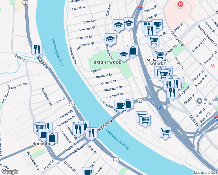 map of restaurants, bars, coffee shops, grocery stores, and more near 91 Washburn Street in Springfield