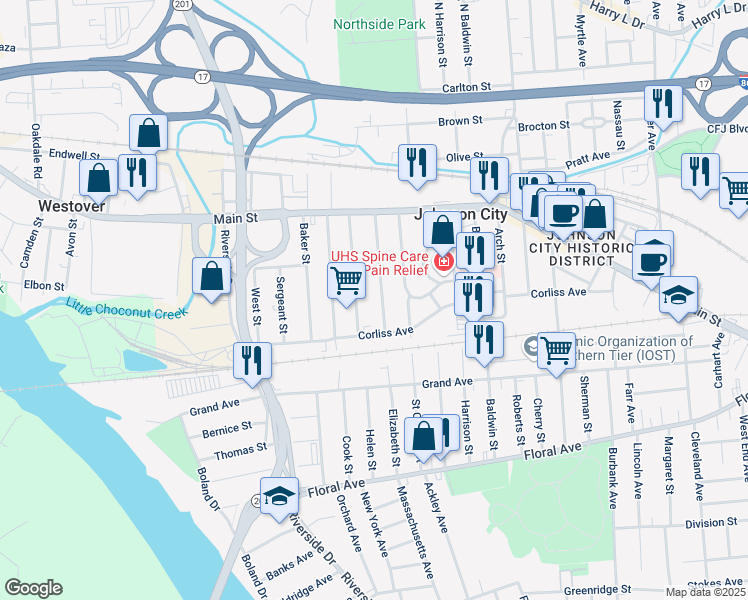 map of restaurants, bars, coffee shops, grocery stores, and more near 99 Albert Street in Johnson City