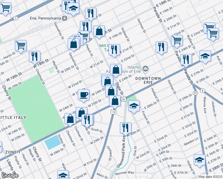 map of restaurants, bars, coffee shops, grocery stores, and more near 2418 20 Peach St in Erie