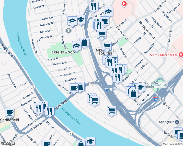 map of restaurants, bars, coffee shops, grocery stores, and more near 153R Plainfield Street in Springfield