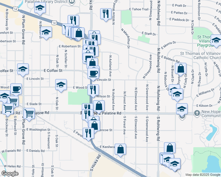 map of restaurants, bars, coffee shops, grocery stores, and more near 115 North Ashland Avenue in Palatine