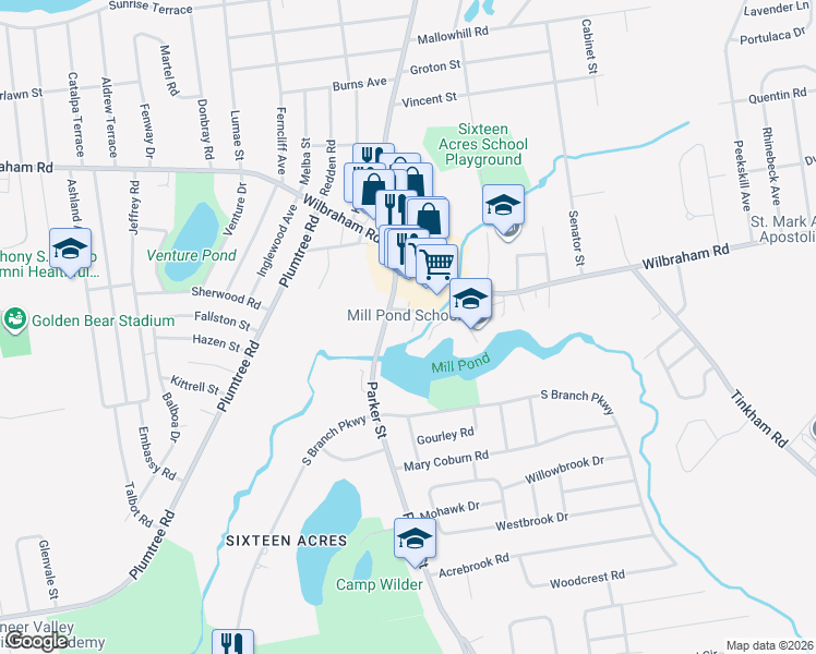 map of restaurants, bars, coffee shops, grocery stores, and more near 34 Mill Pond Drive in Springfield