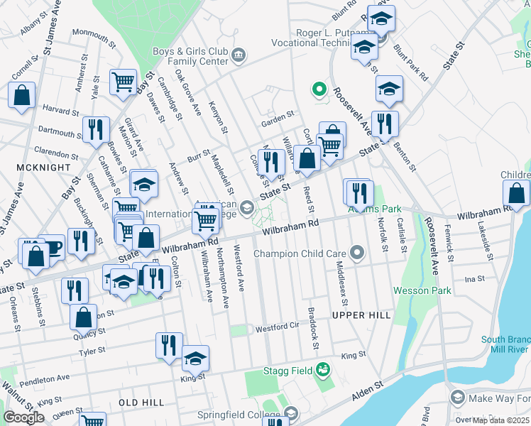 map of restaurants, bars, coffee shops, grocery stores, and more near 1000 State Street in Springfield