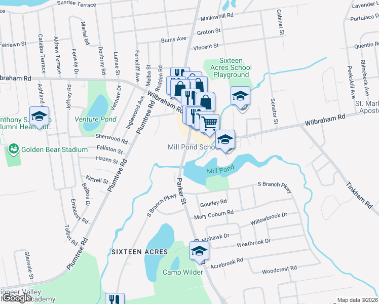 map of restaurants, bars, coffee shops, grocery stores, and more near 34 Mill Pond Drive in Springfield