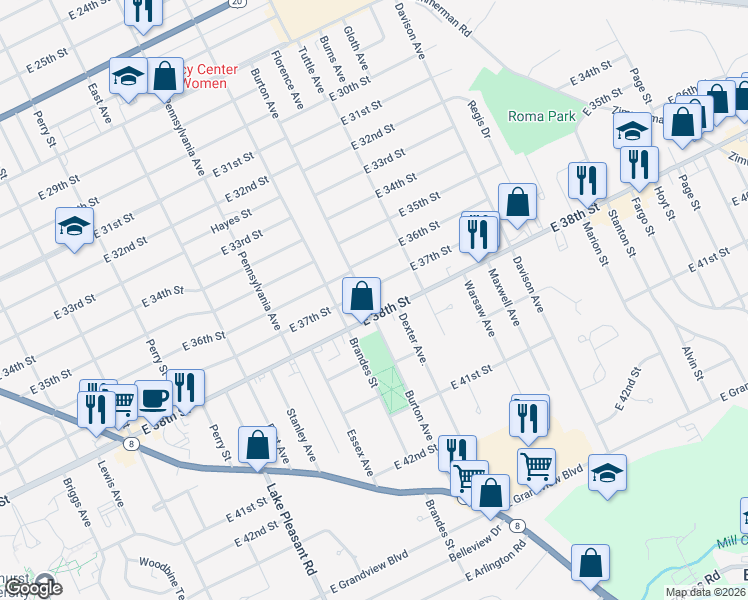 map of restaurants, bars, coffee shops, grocery stores, and more near 3709 Burton Avenue in Erie