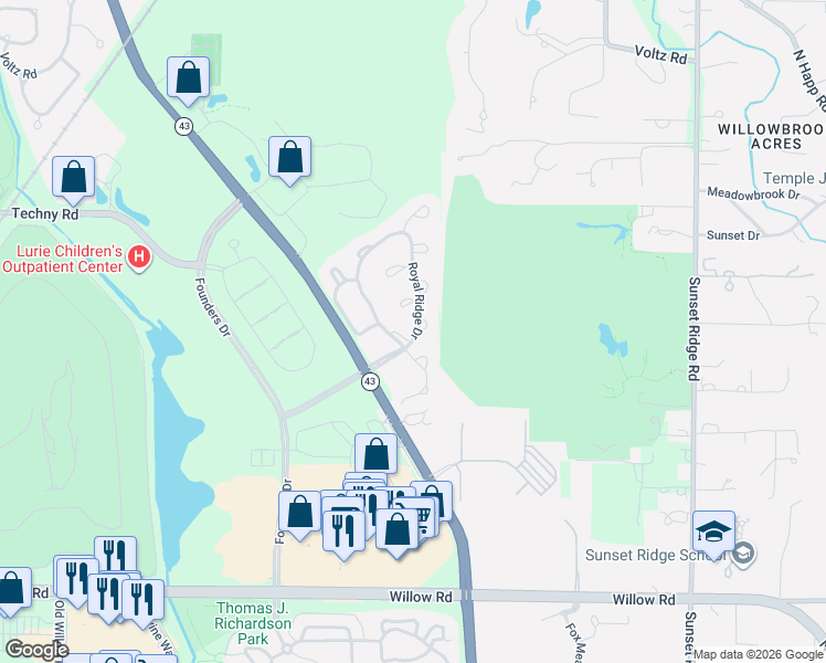 map of restaurants, bars, coffee shops, grocery stores, and more near 2209 Wyndance Way in Northbrook