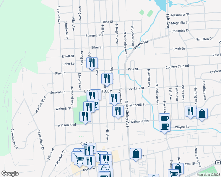 map of restaurants, bars, coffee shops, grocery stores, and more near 224 Squires Avenue in Endicott