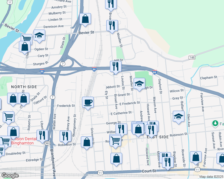 map of restaurants, bars, coffee shops, grocery stores, and more near 99 Broad Avenue in Binghamton