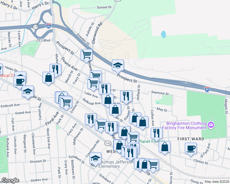 map of restaurants, bars, coffee shops, grocery stores, and more near 21 Julian Street in Binghamton