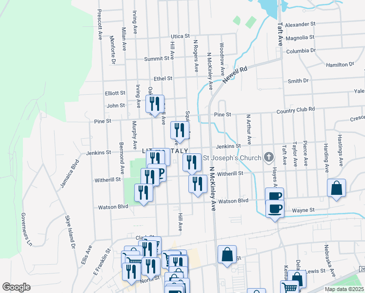 map of restaurants, bars, coffee shops, grocery stores, and more near 302 Hill Avenue in Endicott