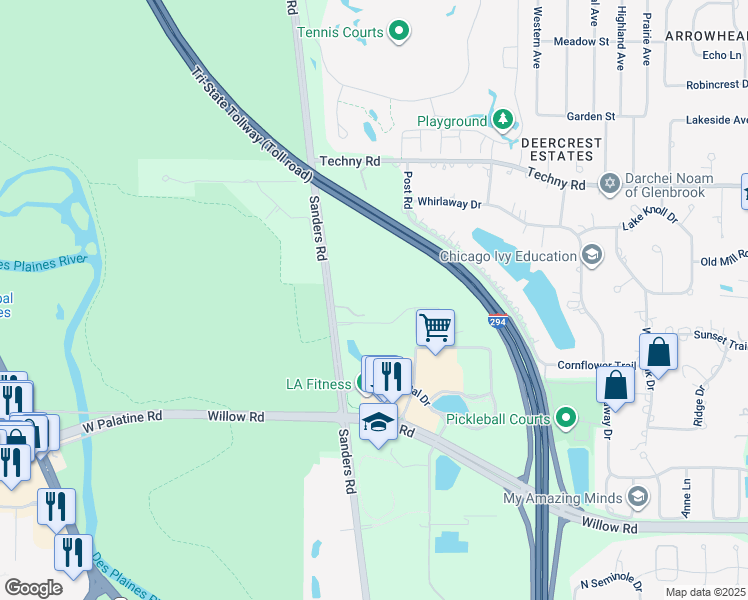 map of restaurants, bars, coffee shops, grocery stores, and more near 2215 Sanders Road in Northbrook