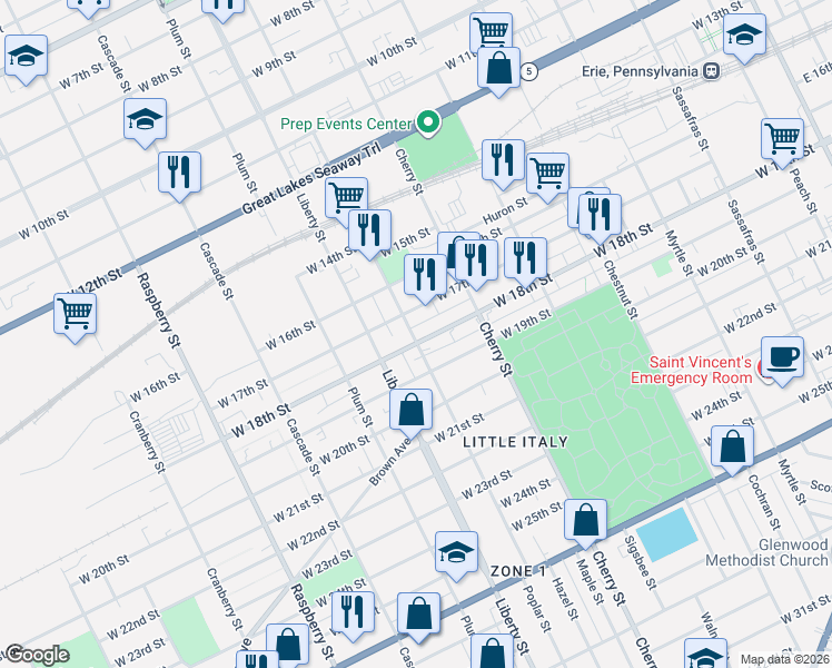 map of restaurants, bars, coffee shops, grocery stores, and more near 711 West 18th Street in Erie
